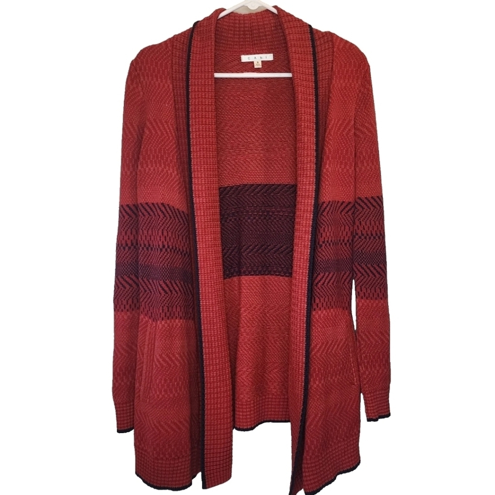 Cabi Sweater Women's Sz Small Red Blue Chevron Long Knit Cardigan Open Front